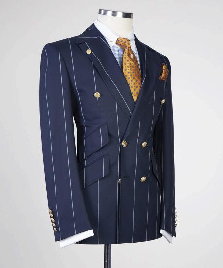 New Navy Blue Striped Point Collar Double Breasted Suit_2