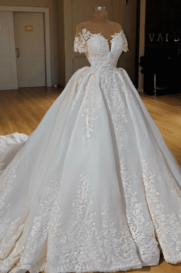 Elegant Lace Ball Gown Wedding Dress | Scop Short Sleeve Long Bridal Gowns