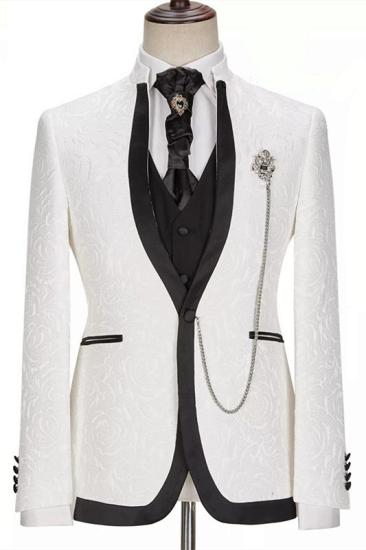 White Jacquard One Button Three-piece Slim Wedding Dress_1