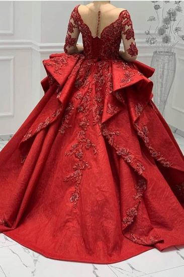 Burgundy Lace Appliques Long sleeves V-neck Ruffles Ball Gowns Evening Gowns_2