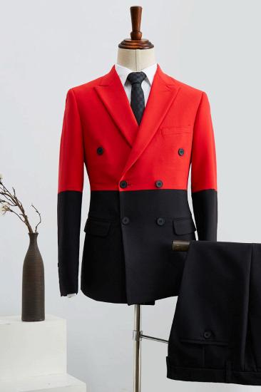 Bruno's Unique Black and Red Point Lapel Double Breasted Prom Suit_1