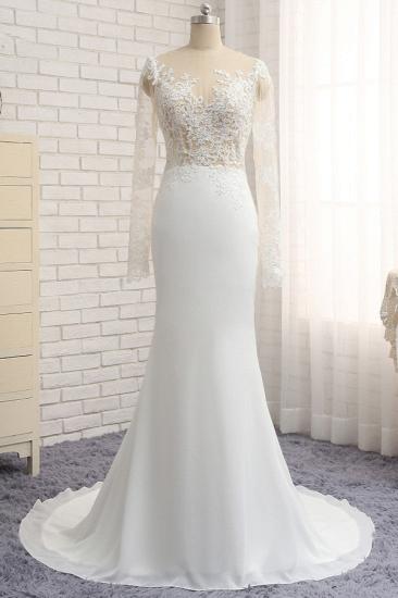 Bradyonlinewholesale Chic Jewel White Chiffon Lace Wedding Dress Long Sleeves Applqiues Bridal Gowns On Sale_1