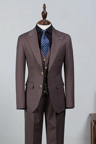 Les Popular Brown Striped Point Collar Fitted Suit_1