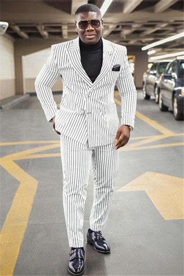 Stylish white striped pointed lapel formal business men's suit_1