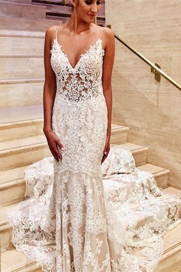 Glamorous White V-Neck Lace Mermaid Slim Wedding Bridal Dress_1