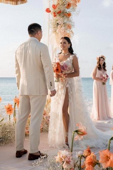V-neck Appliques Lace A-Line Wedding Dresses with Split_3