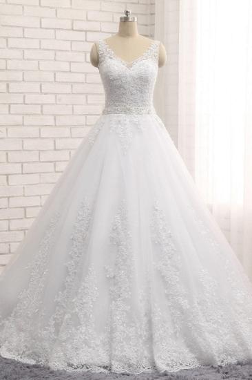 Bradyonlinewholesale Gorgeous V neck Straps Sleeveless Wedding Dresses White A line Lace Bridal Gowns With Appliques Online