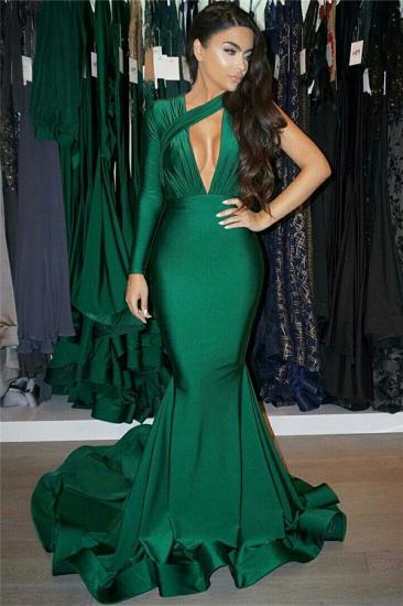 One Sleeve Deep V-neck Sexy Evening Dress | Dark Green Mermaid Prom Dress with Long Train