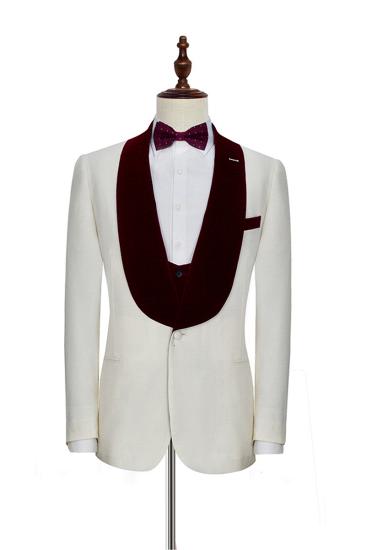 Velvet Shawl Collar White Wedding Tuxedo |  Burgundy Tank Top Three Piece Wedding Dress_2