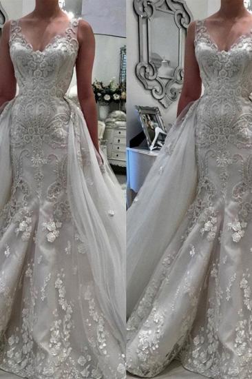 Stunning V-Neck Sleeveless Ruffles Lace Appliques Wedding Bridal Gowns_2