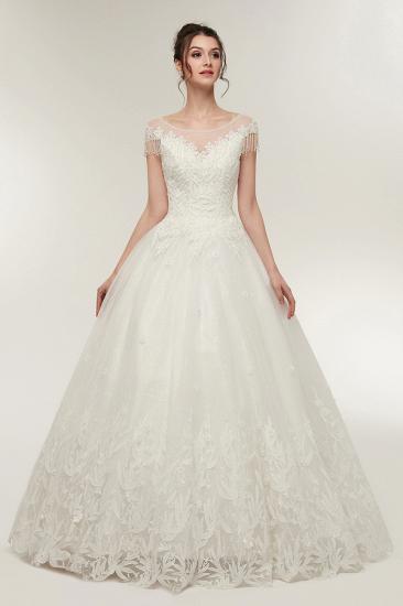 A-line Cap Sleeves Scoop Floor Length Lace Appliques Wedding Dresses with Crystals_5