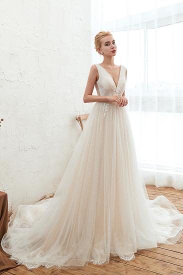 Champange Princess Tulle Wedding Dress with Soft Pleats | Sexy V-neck Low Back Bridal Gowns with Lace Appliques_3