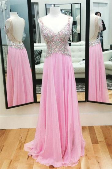 A-Line Pink Chiffon Crystal Prom Dress Spaghetti Strap Backless Evening Gown