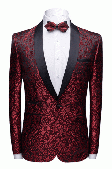 Modern Burgundy Jacquard Wedding Tuxedos | Shawl Lapel Black Satin Mens Prom Suits_1