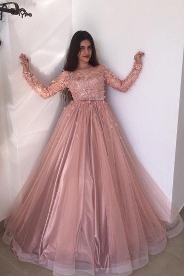 Long sleeves Floral Blow Dusty Pink Ball Gown Tulle Prom Dresses_1
