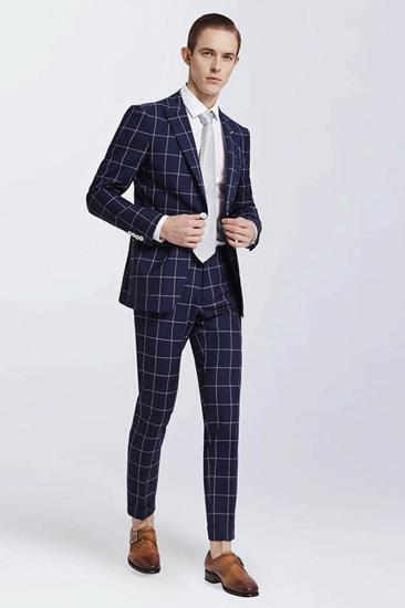 Modern Peak Lapel Check Casual Suit | Dark Navy Mens Suit for Prom