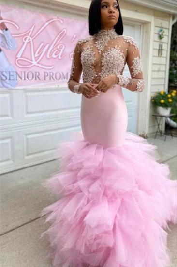 Peach Pink Transparent Lace and Floor Mermaid Ball Dress｜High Tie Sleeve Evening Dress_2