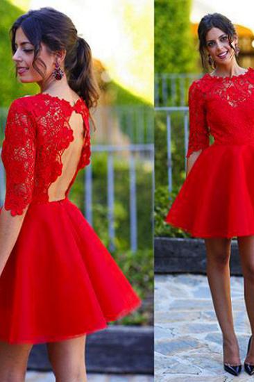 Elegant Lace Red Half Sleeve Short Homecoming Dress New Arrival Halter Mini Cocktail Dress_2