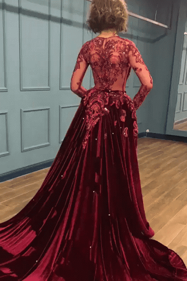 2022 Burgundy Prom Dresses Cheap | Sparkle Beads Appliques Evening Gowns with Sleeves_2