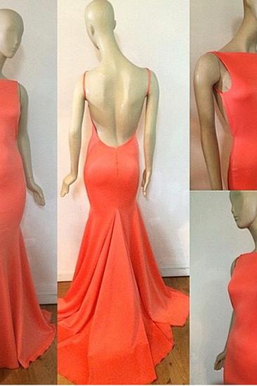 Fishtail Open Back Orange Cheap Evening Dresses with Long Train Sexy Custom Made Prom Dresses_2