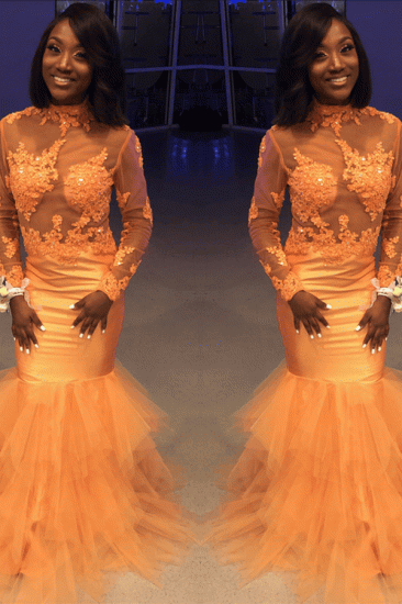 Long Sleeve Lace Appliques Orange Prom Dress Cheap | Mermaid Tullw Sheer Tulle Prom Dress Online_2