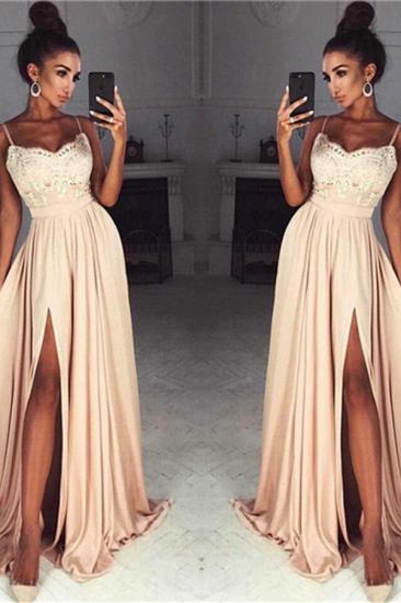Straps Front Slit Sexy Prom Dress Lace Cheap Champagne Long Evening Dress_2
