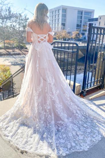 A-line Tulle Appliques Lace Backless Off-the-shoulder Sweetheart Wedding Dress_2