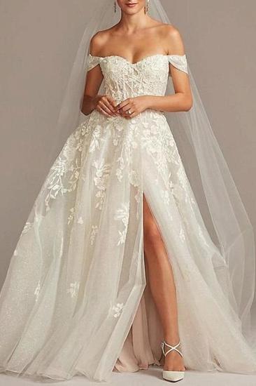 A-Line Wedding Dresses Off Shoulder  Tulle Short Sleeve Sweep Train Lace Illusion_1