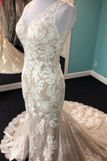 Sheath V Neck Straps Champagne Wedding Dress | Tulle White Lace Sleeveless Long Bridal Gown_2