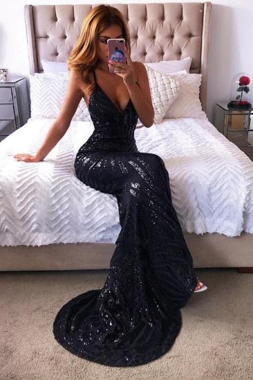 Sexy Mermaid Black Prom Dresses | Spaghetti-Straps Long Sequins Evening Dresses