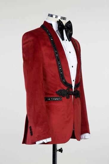 Paul Dark Red Velvet Knitted Button Black Chains Prom Suit_3