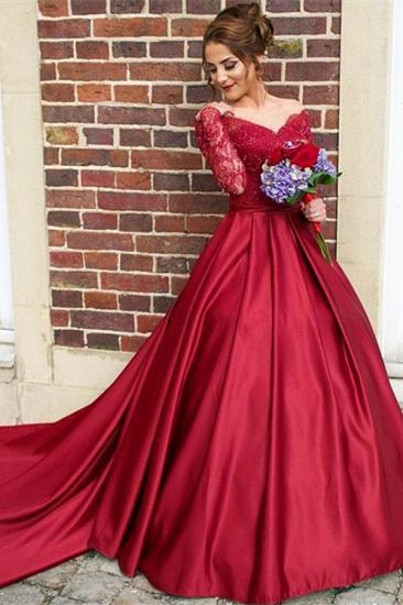 Off The Shoulder Long Sleeve Evening Dresses Dark Red V-neck Pretty Wedding Dresses_4