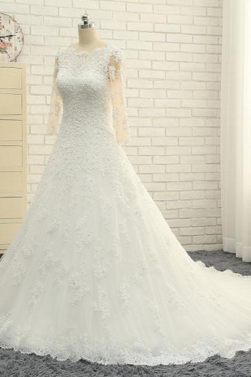 Bradyonlinewholesale Elegant A-Line Jewel White Tulle Lace Wedding Dress 3/4 Sleeves Appliques Bridal Gowns with Pearls_3