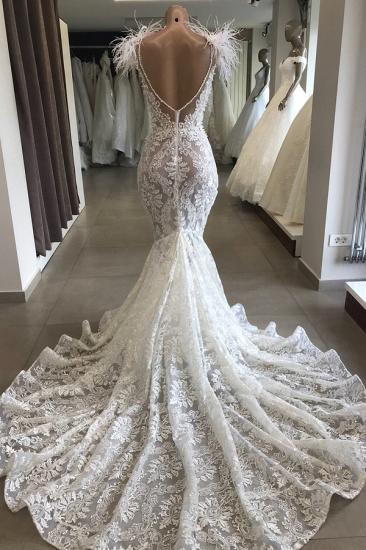 Fit and Flare Lace Crystals Necklace Wedding Dresses | Open Back Bridal Gowns with Feather_2