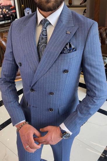 Blue Striped Peaked Lapel Double Breasted Business Suits_2