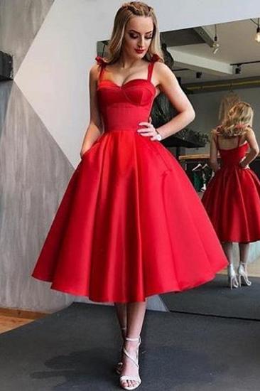 Simple Red Straps A-Line Evening Dresses | Sexy Open Back Tea Length Cheap Formal Dresses_2