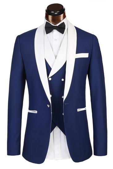 3 Piece Classic White Lapel Edge Banding Formal Blue Mens Suit For Wedding_4