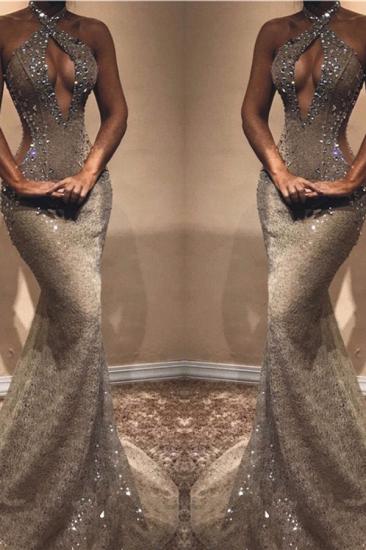 Halter Open Back Sexy Prom Dresses Cheap | Shiny Beads Crystals Illusion Mermaid Evening Gown_2