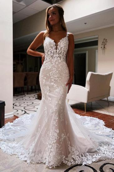 Mermaid Wedding Dress White Tulle Lace Appliques Bridal Gown_1
