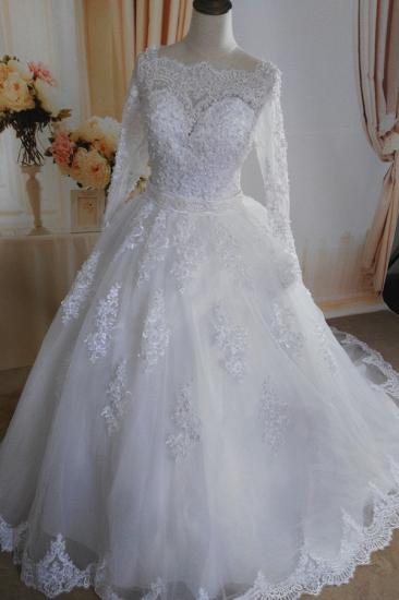 Bradyonlinewholesale Gorgeous Tulle Lace White Wedding Dress Long Sleeves Appliques Bridal Gowns with Pearls_1