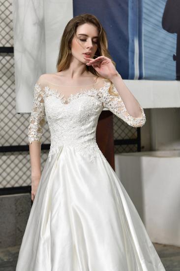 Modern Illusion neck A-Line Satin Lace Fall Long Wedding Dress with 3/4 Sleeves_9