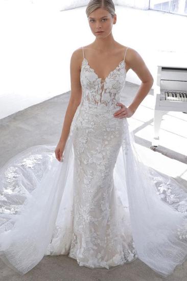 Spaghetti Strap See-through Lace Column Long Wedding dress with Tulle Overskirt_1
