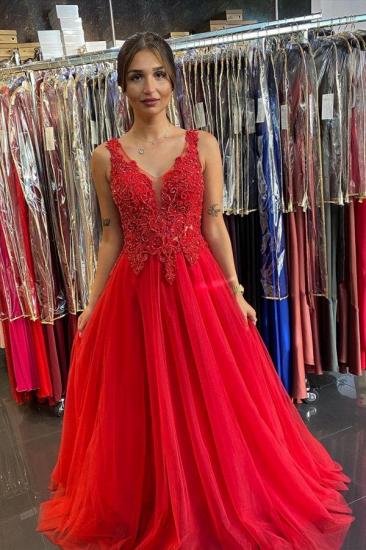 Red Sleeveless Lace Prom Dress V-neck Aline Long Formal Dress_1
