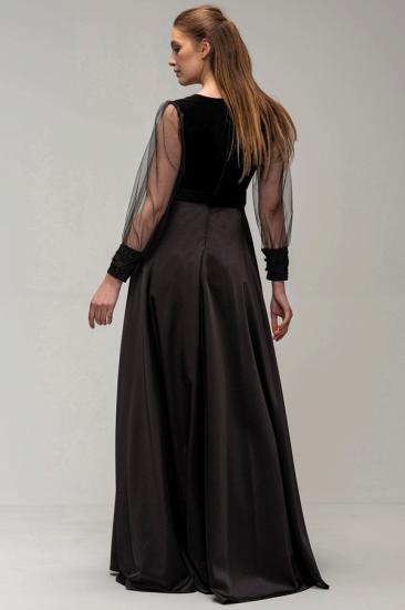 Charming Puffy Sleeves Satin Black V-Neck Evening Dress with Side Slit_3