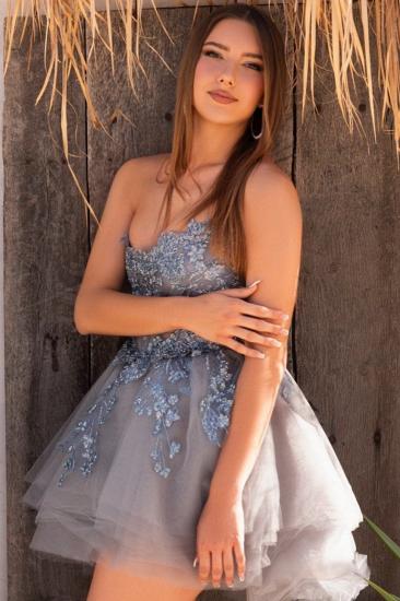 Sexy Strapless Tulle Appliques Lace A-Line Short Prom Dresses_2