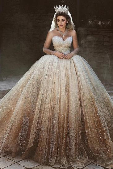 Sparkly Tulle Floor-Length Wedding Dresses | Scoop Long Sleeves Bridal Dresses with Sequins