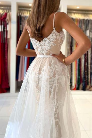 Stunning Spaghetti Straps Sweetheart Lace Mermaid Evening Dress with Tulle Detachable Train_2