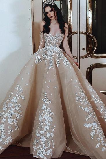 Luxury Floral Off the Shoulder Long Sleeve Puffy Bridal Wedding Dress_1