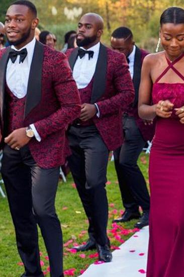 New Fashion Red Jacquard Three Piece Shawl Lapel Wedding Groomsmen Suit Online_2