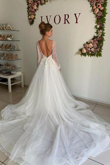 Winter Warm Long sleeves V-neck White Tulle Princess Wedding Dress_2